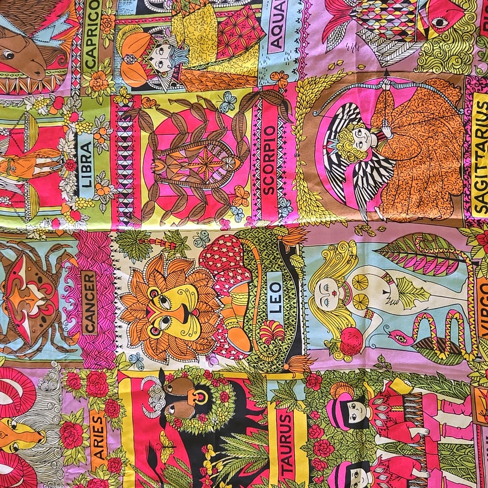 RARE VINTAGE 60s Mod Zodiac Sign Astrology Silk Scarf - Picture 2 of 8